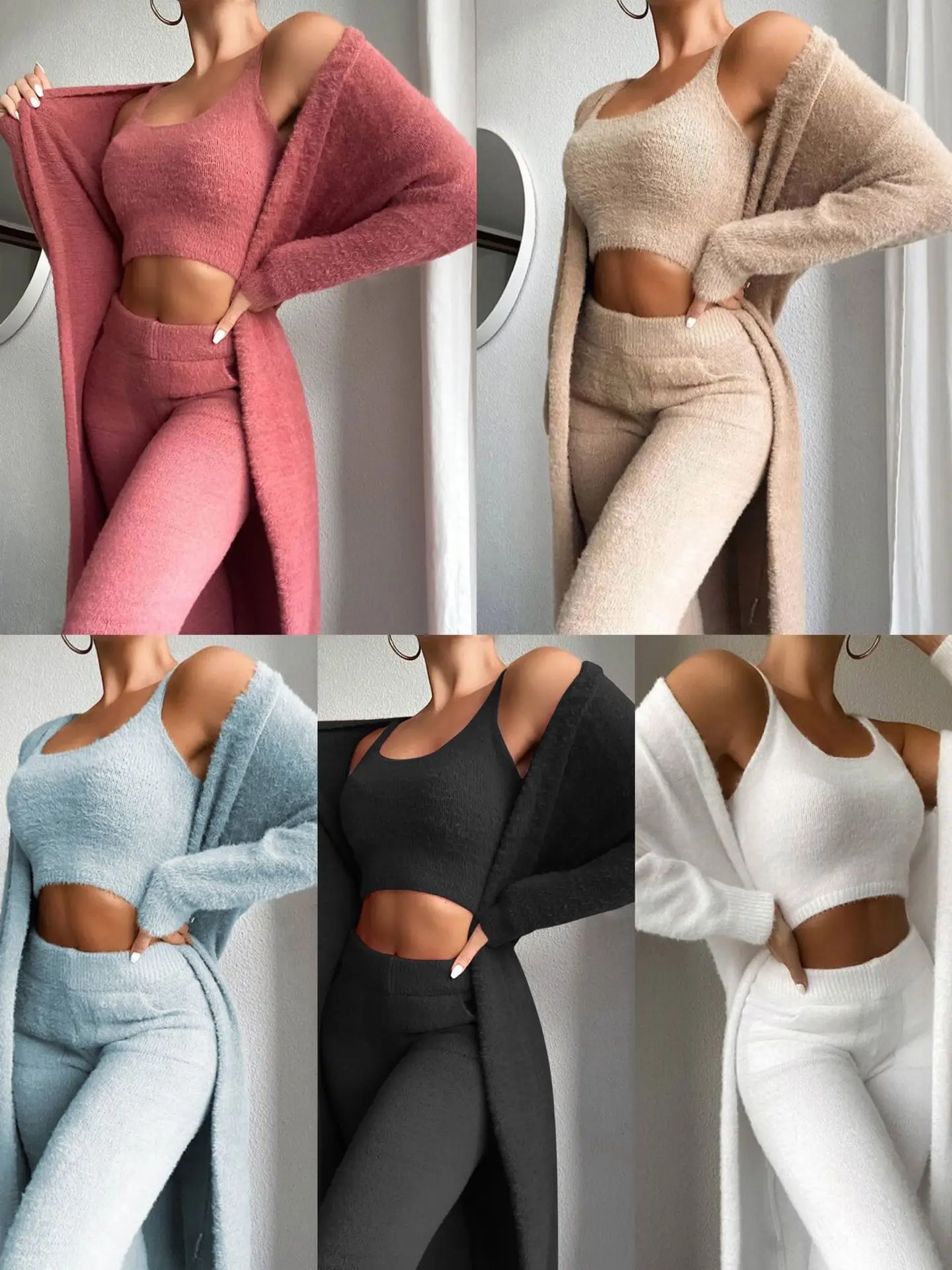 Women Knitted Plush Comfy Outfit Set Lounge Wear Plush Crop Top And Cardigan And Long Trousers Pants Pajamas 3 Piece Set