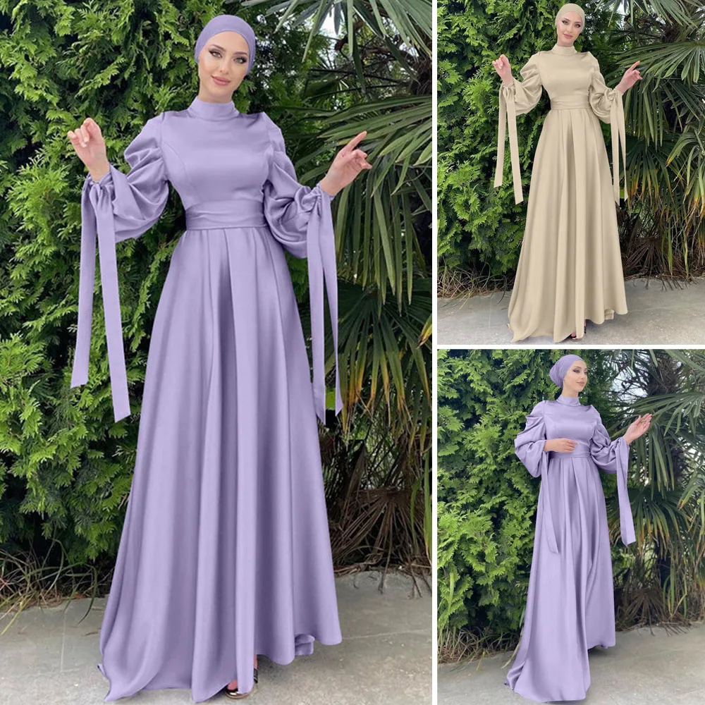 

Arabic Abaya Muslim Women Satin Long Dress Islamic Turtleneck Hijab Tunic Dress Turkey Malaysia Dubai Caftan Maxi Robe Party New