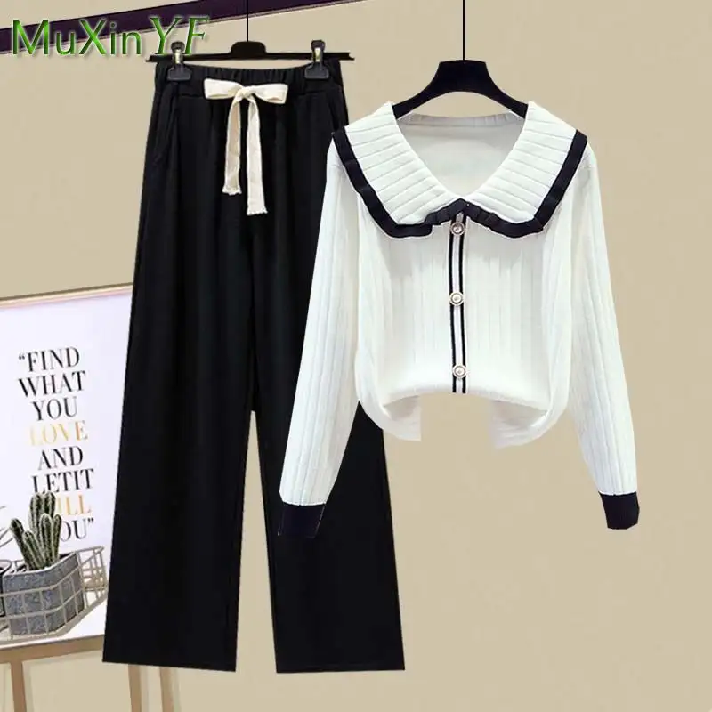 2025 Spring Korean Fashion Knitwear Sweater Wide Leg Pants Two Piece Set Women's Casual Sweatshirts High Waist Trousers Suits - Image 2