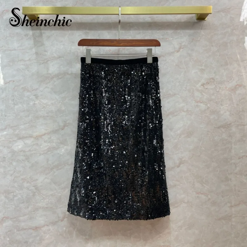 

Autumn Luxury Black Sequined Faldas Para Mujeres 2023 Brand Designer Elegant High Waist Midi Velvet Skirts for Women Saias