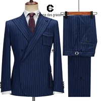 Cenne Des Graoom 2023 Blue Pinstriped Suits for Men Right Side Button Peak Lapel Jacket Pants 2 Pcs Slim Fit Groomsman Wedding 1
