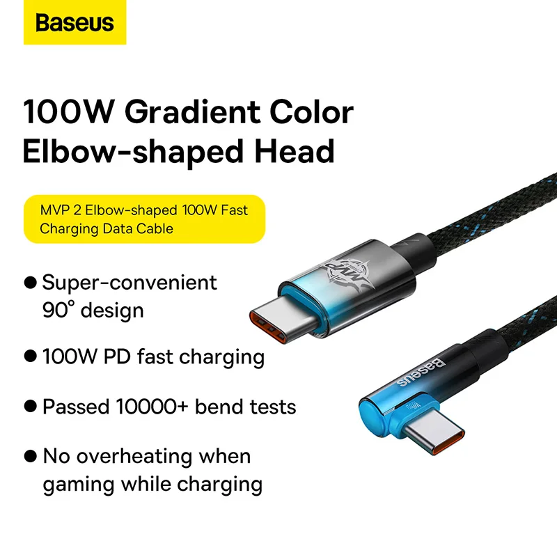 Baseus 100W USB C to TYPE C Elbow Charging Cable for Macbook Huawei Xiaomi Dell HP Laptops Tablets Fast Charger Gaming USB Cable