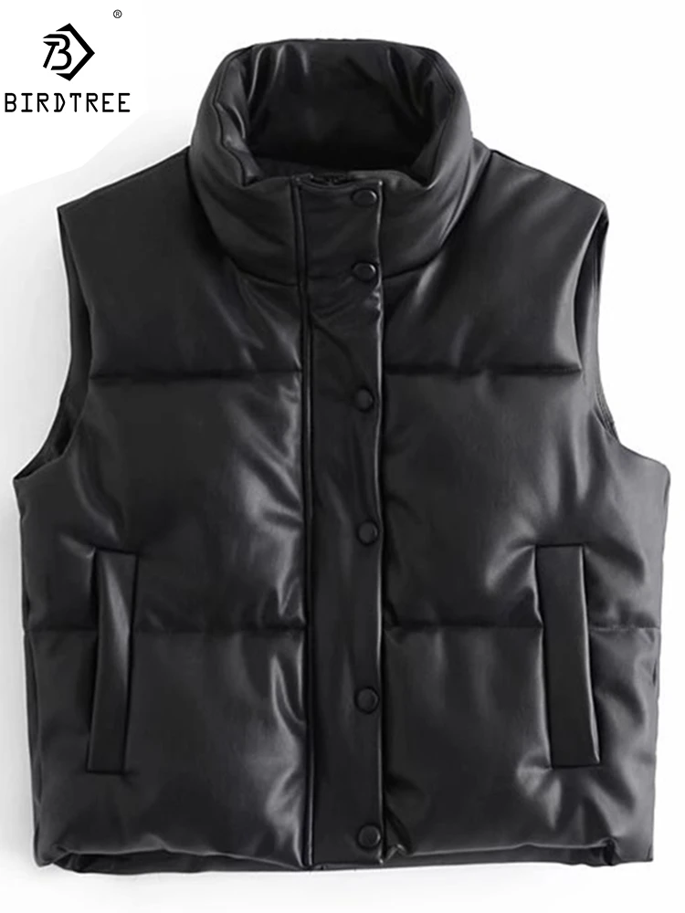 New Fashion Female Black Warm Faux Leather Vest Coat Casual Zipper Sleeveless Jacket Women Cotton Short Outwear C10702Y long puffer