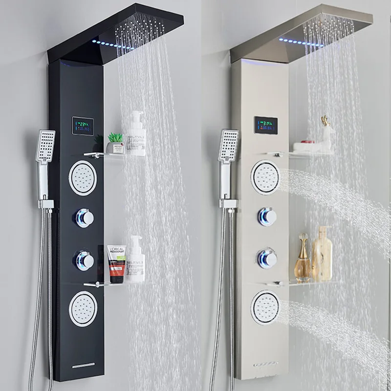 

Hot Sell Bathroom Wall Mounted Stainless Steel Waterfall Shower Column SPA Massage Jet Digital Display LED Shower Panels