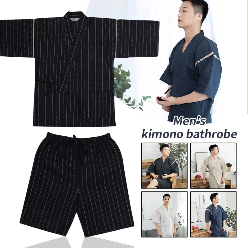 Men Summer Japanese Kimono Set Half Sleeve Shorts Suit Striped Solid Color Sleepwear Spa Sauna Bath Wear Korean Casual Pajamas