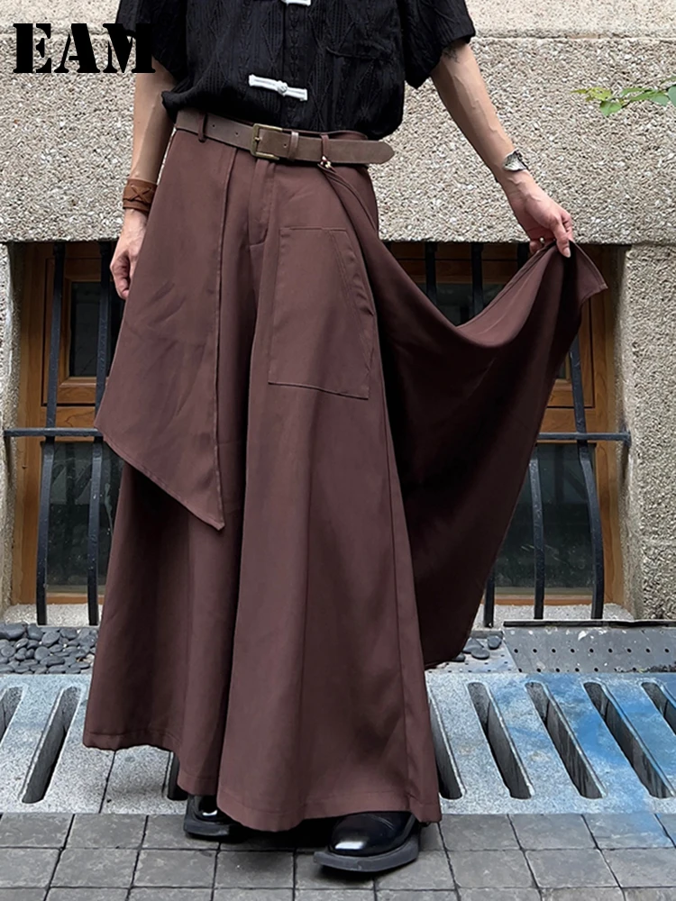 

[EAM] High Waist Coffee Irregular Wide Leg Casual Pants New Loose Fit Trousers Women Fashion Tide Spring Autumn 2024 1DH3091