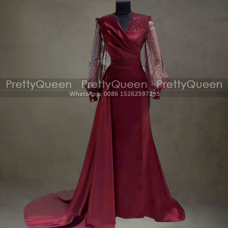 

Burgundy Sequins Mermaid Prom Dresses Sheer Long Sleeves V Neck Aso Ebi Women Sheath Evening Dress Party Gown