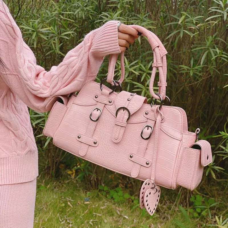 Women Shoulder Bag Xiuya Vintage Biker Shoulder Bag Y2k Hippie American Street Style Heart Rivets Pink Handbag