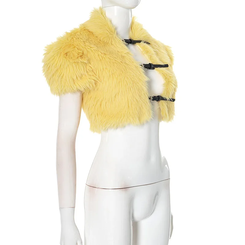 Description Picture 6 of itemFluffy Faux Fur Women Jackets Crop Top Turn Down Collar Short Sleeves Belt Buckles Cardigans Coat Fashion Warm Vest Outerwear