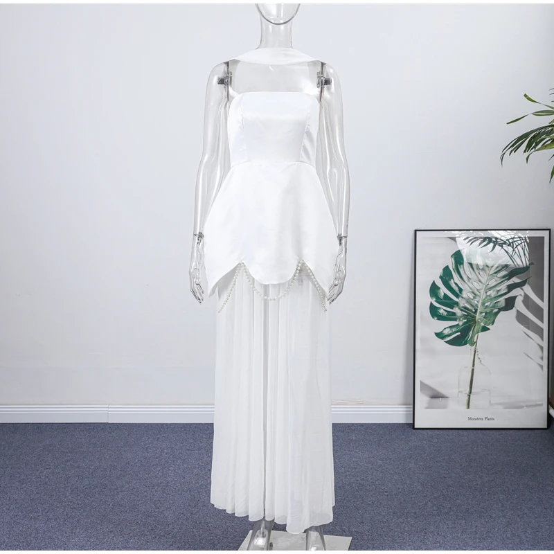 Solides trägerloses Satinkleid für Damen, ärmellos, durchsichtiger Perlenrock, aufwendiger Saum, Detaillierung, fließendes Zugkleid, 2025, Damen-Abendrobe – Detail 18
