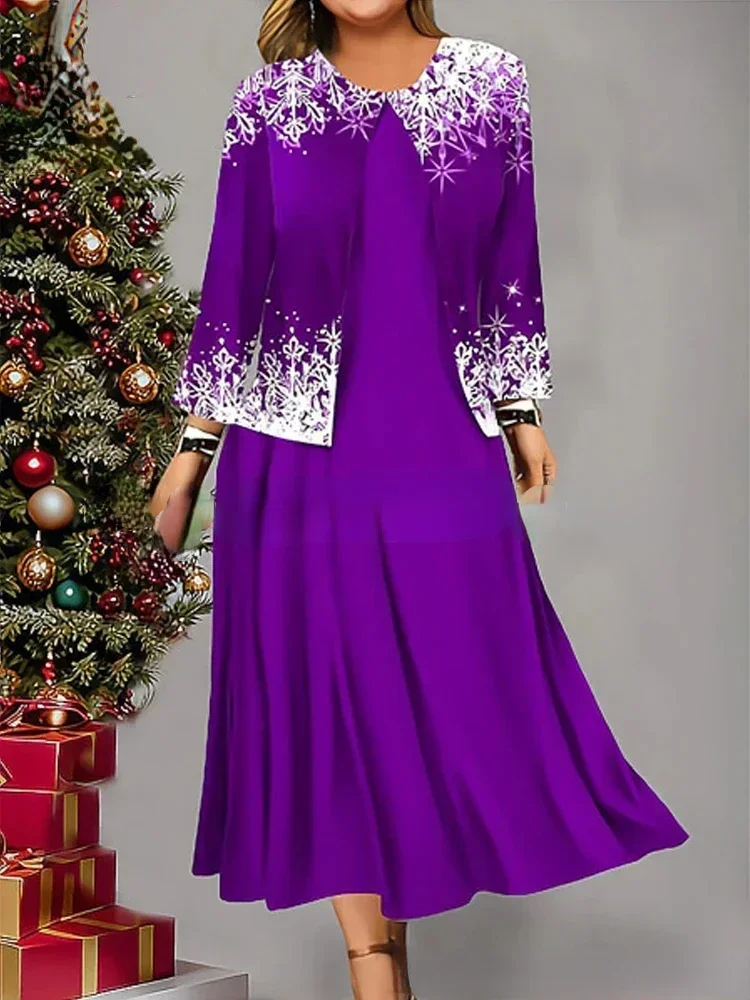 

Christmas Print Casual 2 Piece Dress Set for Women Patchwork Design O-Neck Sleeveless Mid Waist A-Line Dress+Long Sleeve Coat