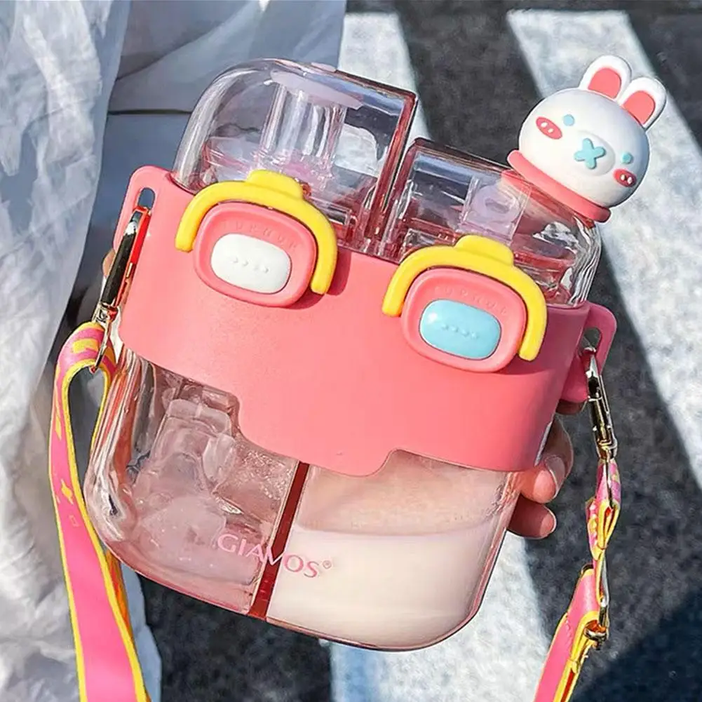 Water Bottle Large Capacity Cute Cartoon Drinking Bottle 530ml Double-Bin Plastic Straw Cup with Adjustable Strap for Kids_voghion.com