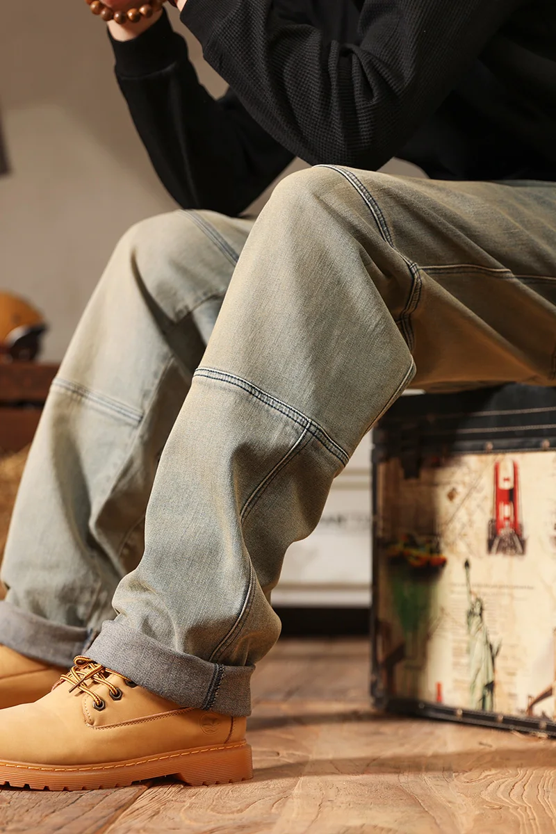 Trendy Men Relaxed Straight-Leg Jeans Mud Yellow Vintage Wash Stretch Denim Casual Style Comfort Stretch Fabric men jeans mens jeans jeans trousers denim trousers mens casual trousers