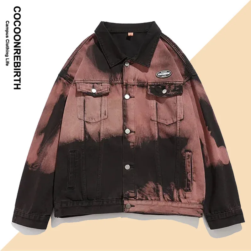 

Vintage Denim Jacket Men Women Tie-Dye Washed Autumn Loose High Street Varsity Cowboy Jacket Coats Unisex Harajuku Outwear