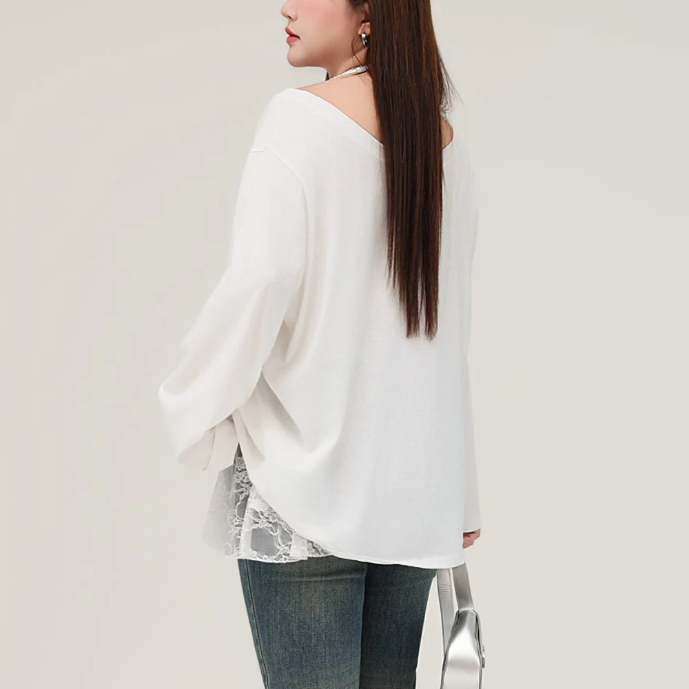 Plus Size Casual Cotton Off-Shoulder Graffiti Print Long Sleeve T-Shirt, Comfortable Loose Fit Top For Women, Spring Summer Tee