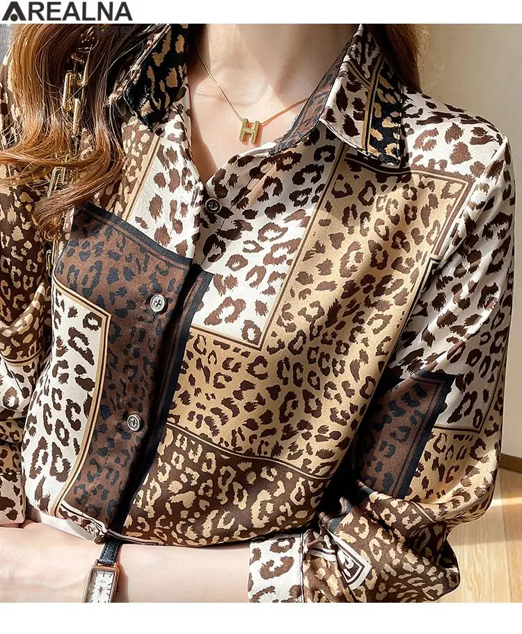 

Blouses for women fashion 2022 autumn long sleeve leopard patchwork print blouse women Elegant Office female tops chemise femme