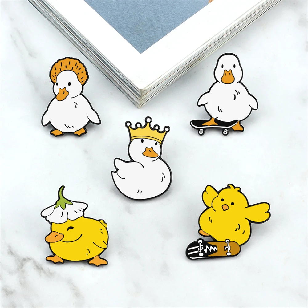 Cute Animal Brooches Crown Skate Goose Duck Chicken Enamel Pin Backpack Cartoon Lapel Badge Jewelry Wholesale Gifts for Friends