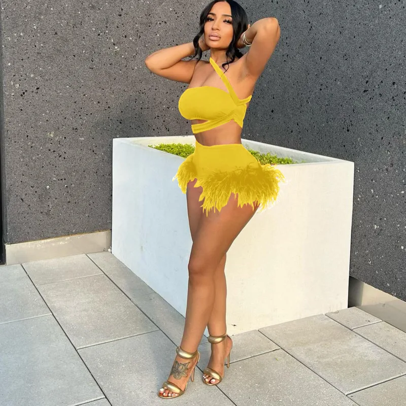 

Irregular Lace Up Vest Tank Top And Feather Shorts Two Piece Set Hollow Out Tracksuit Sexy Bodycon Party Clubwear Outfits