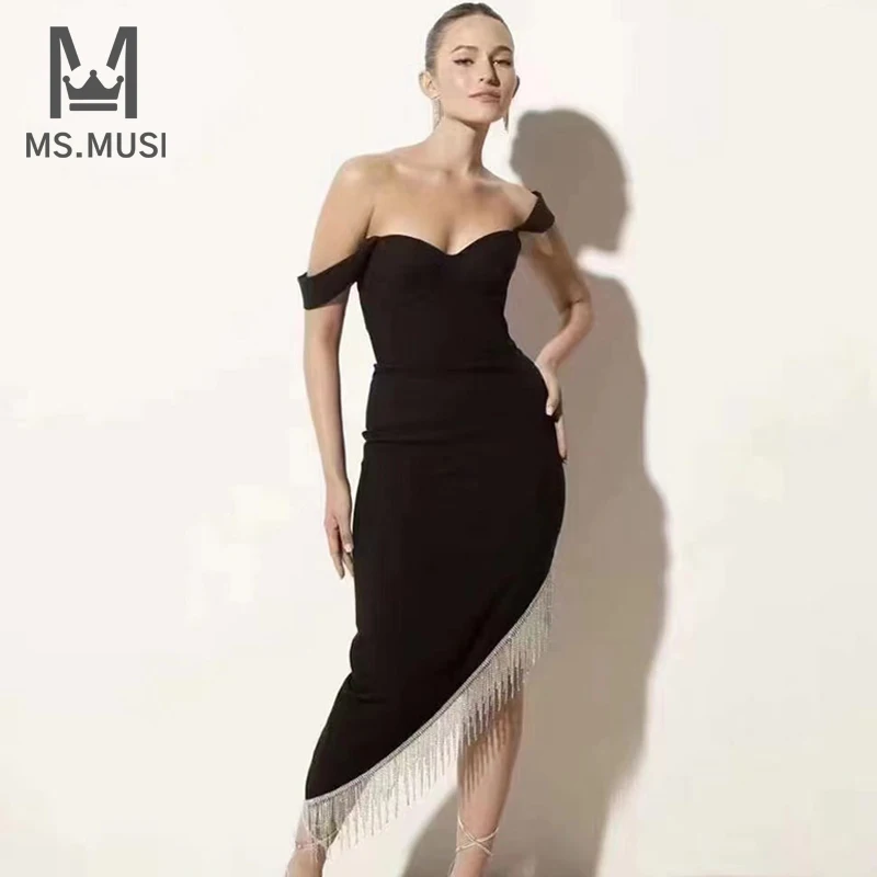 

MSMUSI 2023 New Fashion Women Sexy Off The Shoulder Crystal Tassels Sleeveless Bandage Party Club Bodycon Event Slim Midi Dress