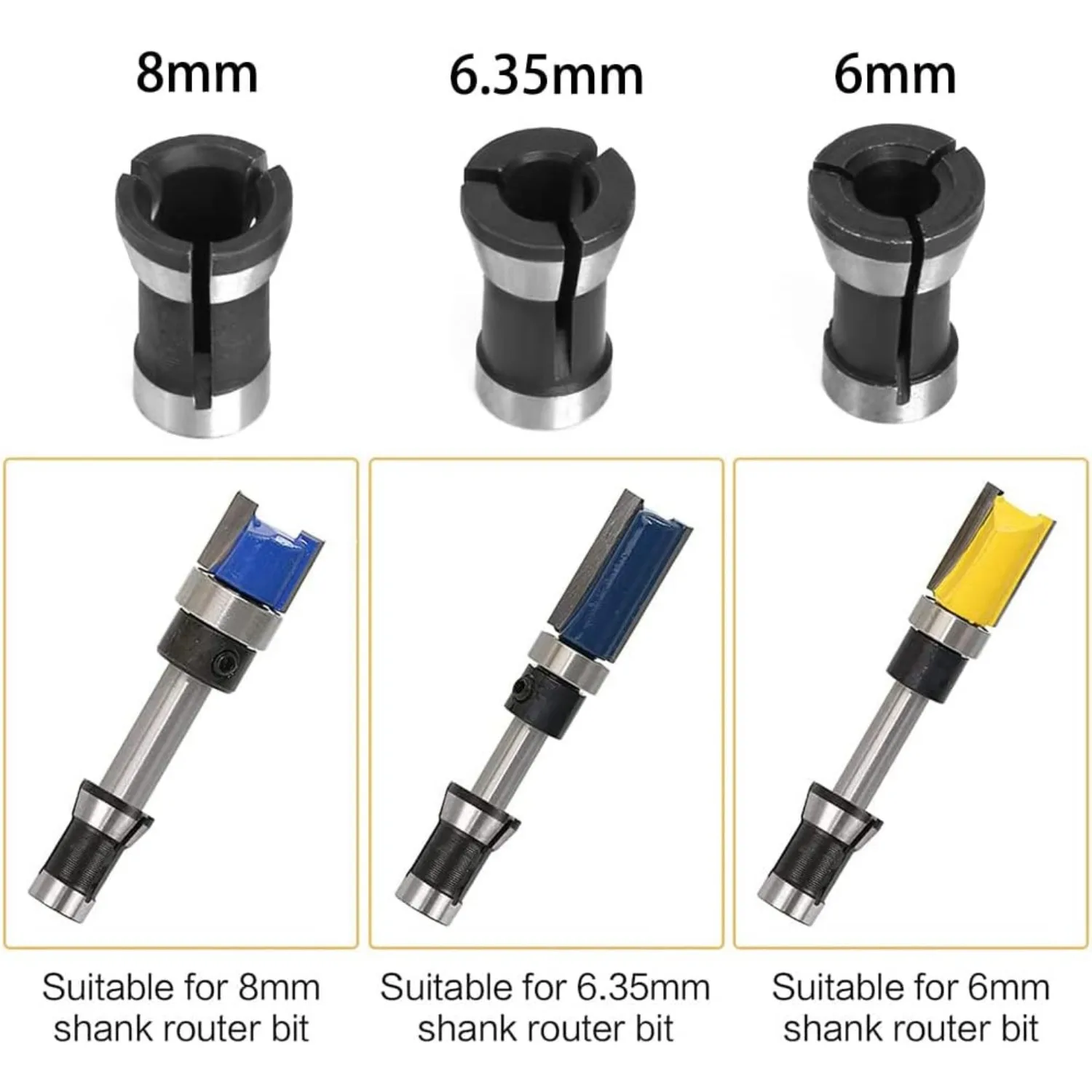 Trimmer Collet Adapter 3pcs High Precision For Engraving Trimming Machine