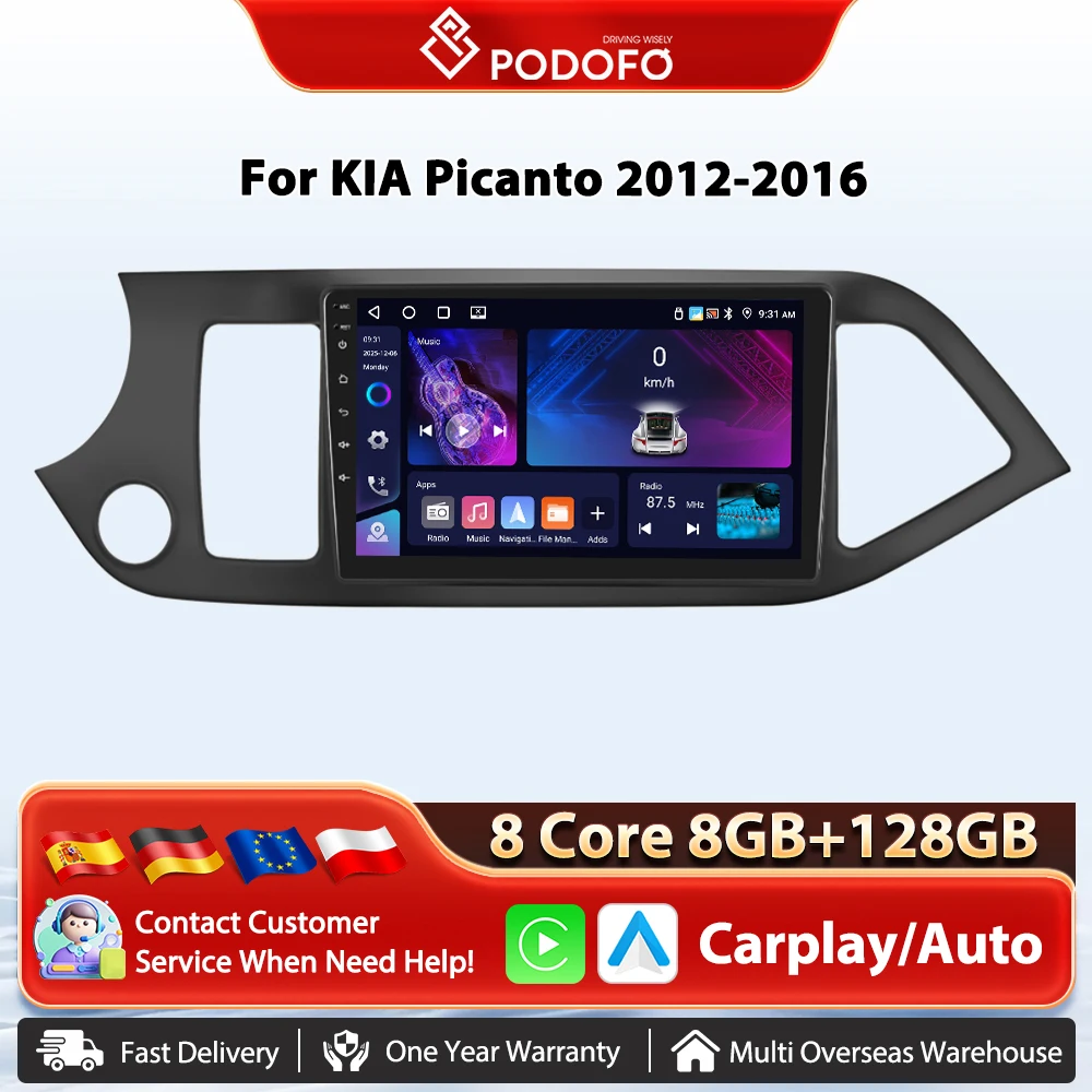Podofo 9'' 2din Wireless Carplay Car Radio For KIA Picanto 2012-2016 Android Auto GPS Navigation Car Multimedia Player 4G WIFI