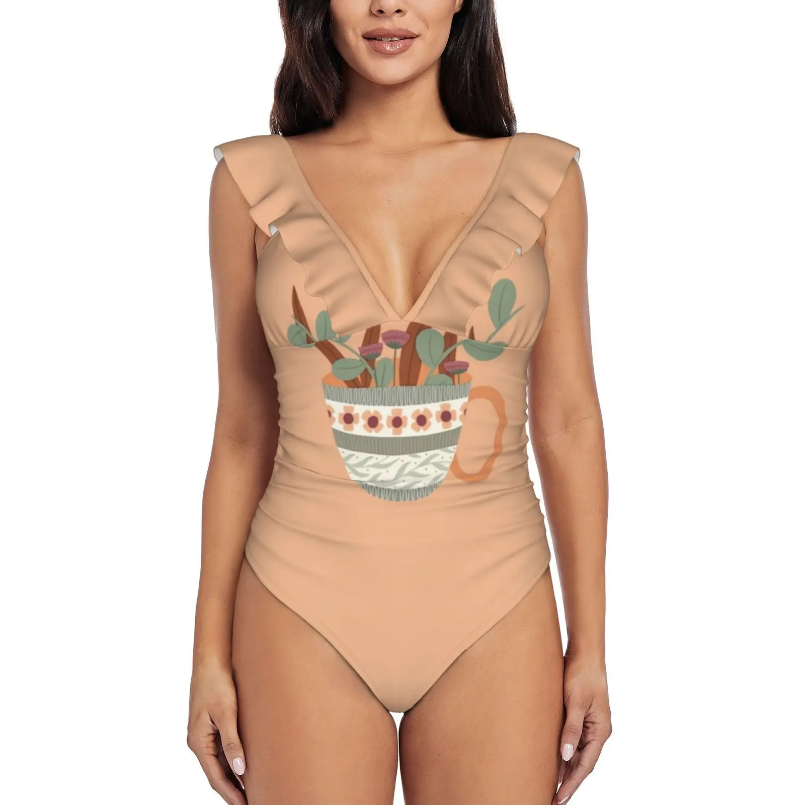 

Flower Mug 7 Sexy One Piece Swimsuit Women Ruffled Swimwear Women Print Monokini Female Beachwear Ceramic Crockery Pattern