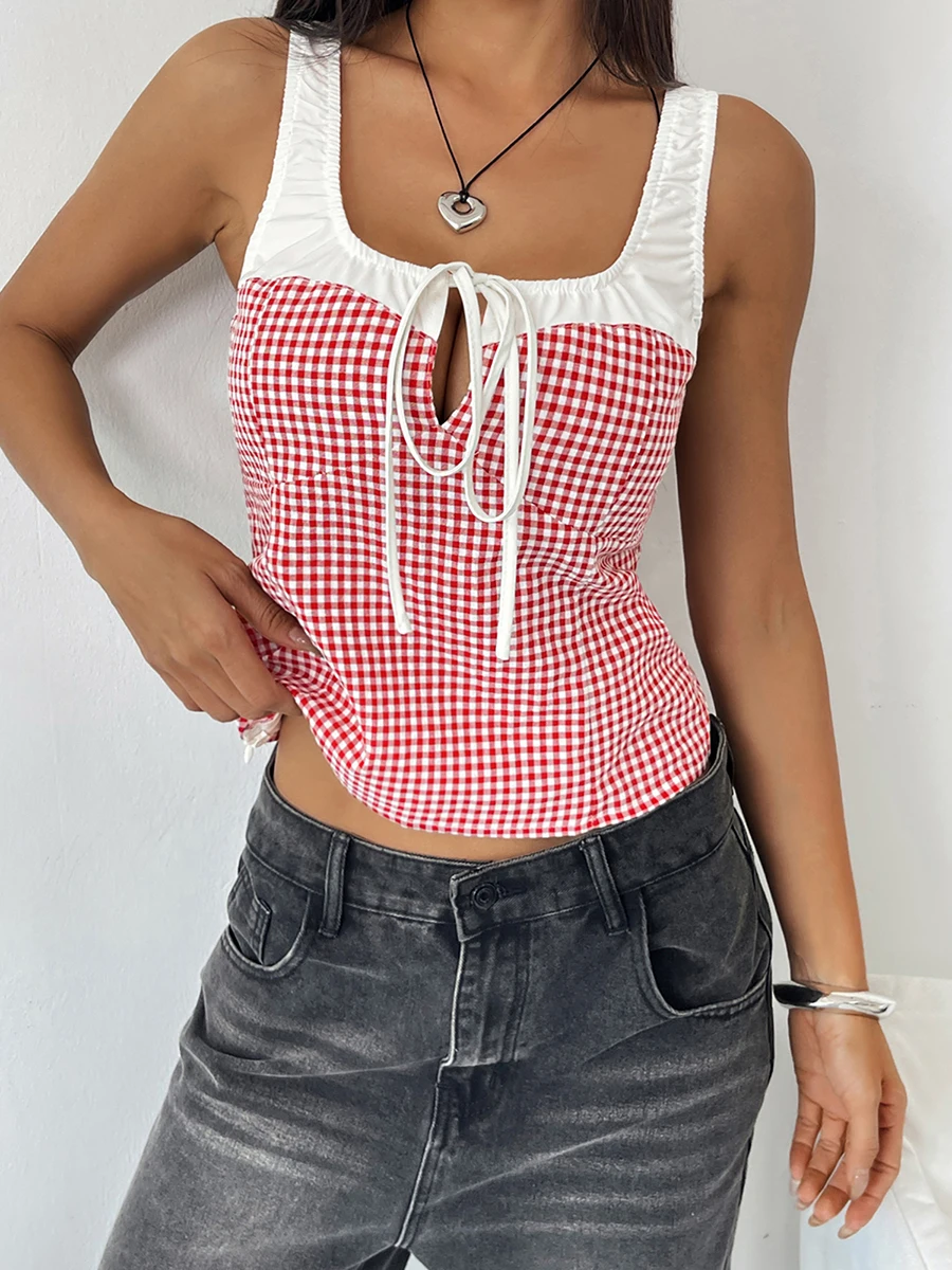 Women s Sleeveless Plaid Patchwork Tie-Up Front Tank Top with Casual Streetwear Style and Summer Fashion Design