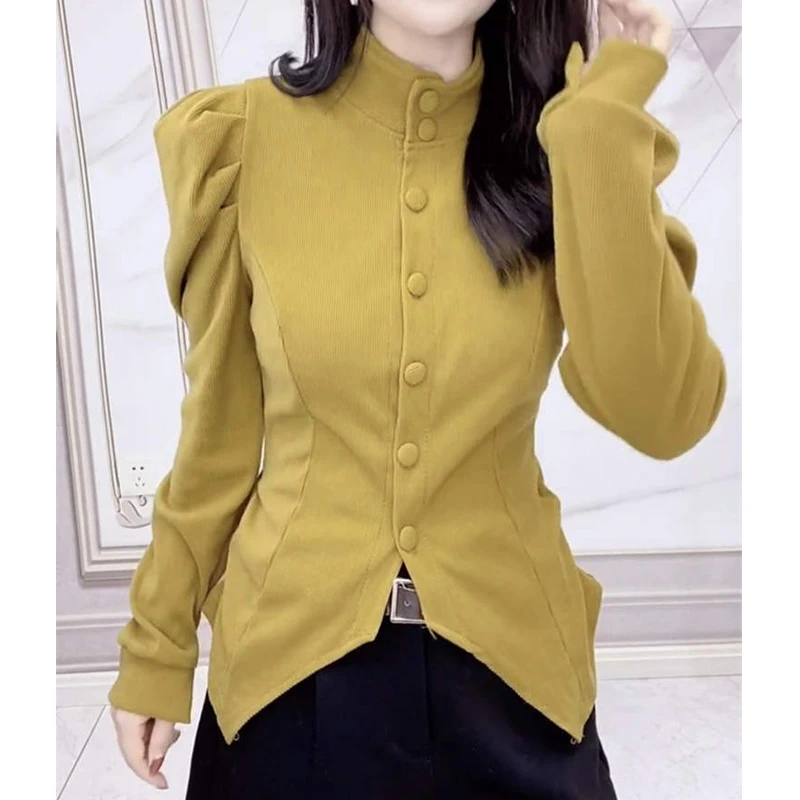 New Women Vintage Y2K Stand Collar Slim Chic Single Breasted Coat Autumn Fashion Asymmetrical Design Elegant Long Sleeve Jackets