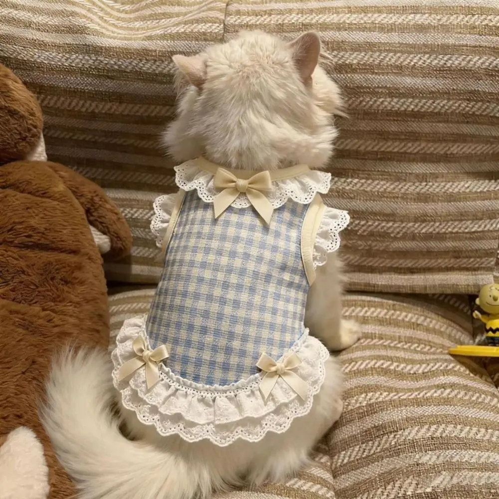 귀여운 리본 레이스 디자인 애완견 및 고양이 체크무늬 옷 편안하고 가벼운 고양이 조끼 통기성 좋은 소형견 조끼