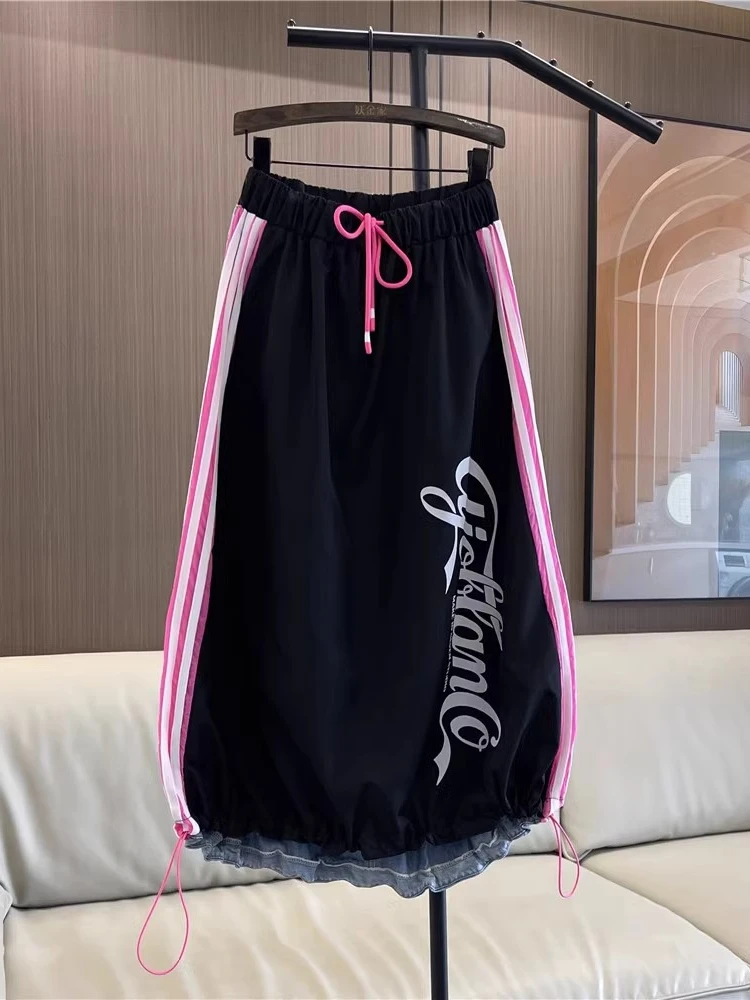 

2024 European Casual High Waist Denim Skirt Loose Straight Women Summer Contrast Color Stitching Stretch Mid-Length OverSkirt