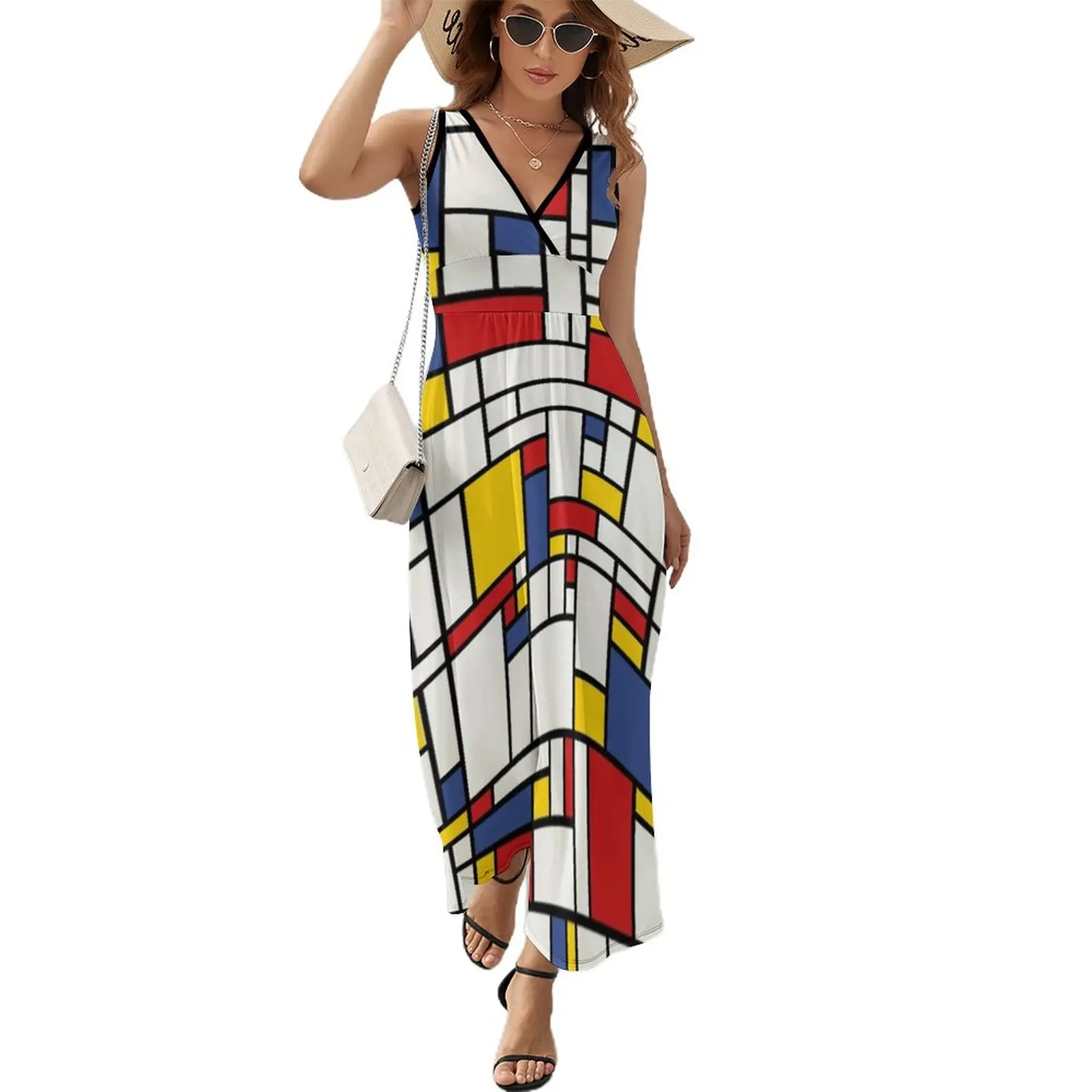 

Piet Mondrian Abstract Pop Art 1960s Red Blue Yellow Rectangles Sleeveless Dress evening dress summer dress Women's summer skirt
