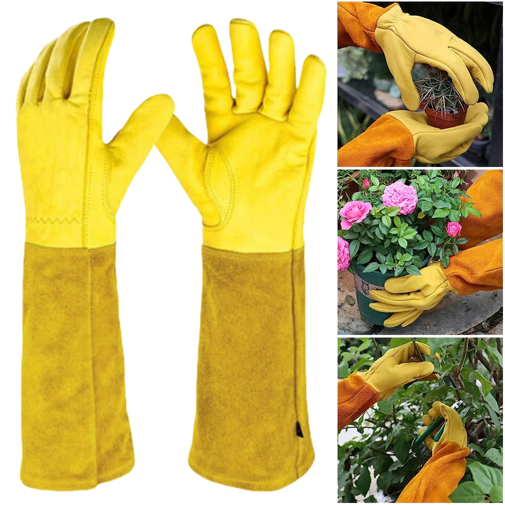 1 Pair Long Thorn Proof Rose Pruning Gloves Breathable Gardening Gloves Leather Labor Protection Long Elbow Gloves for Women Men 2
