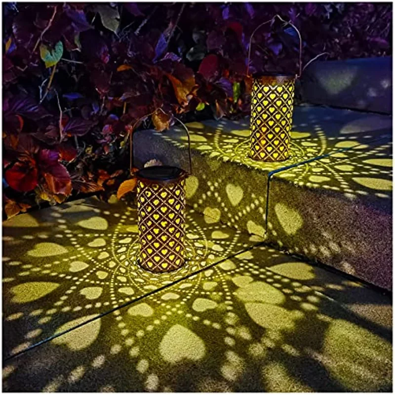 2Pcs Solar Lantern Outdoor Hanging Heart Pattern Decor Lantern Waterproof Hollow Out Metal Decorative Garden Graceful Decoration