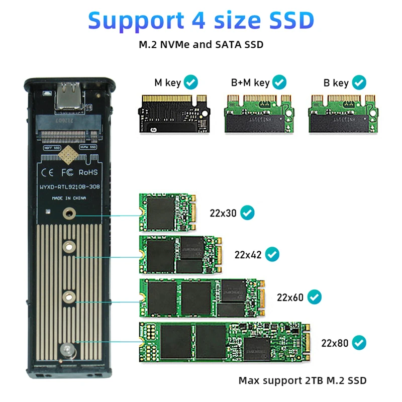 M2 Ssd Case M.2 Nvme 2230 Boîtier SSD, USB 3.2 10gbps à Nvme M-key Disque  SSD externe Ca