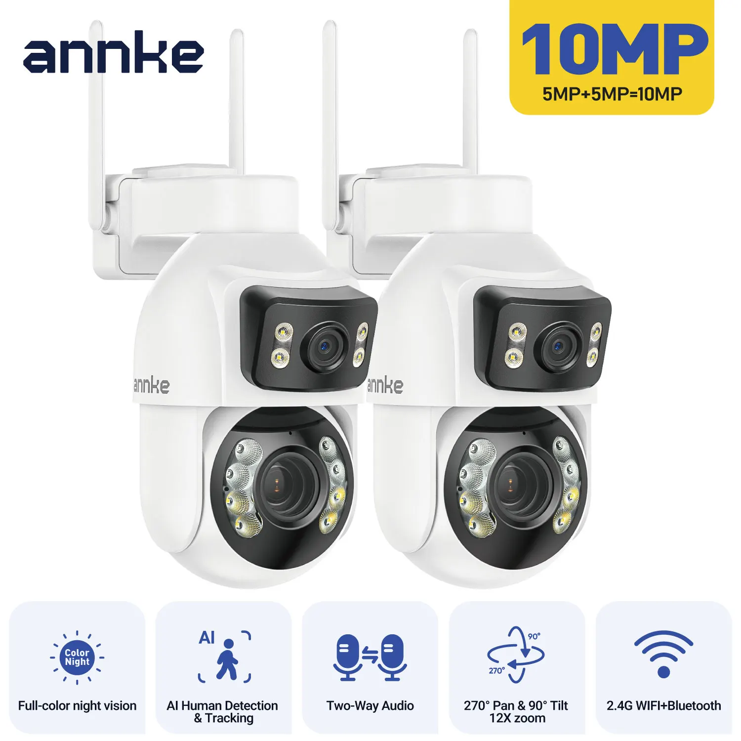ANNKE WCD1012 10MP Dual-Lens PTZ Security Camera 12X Zoom Wifi Camera AI Human Tracking 1/2/4 PCS 2.4G wireless camera outdoor 1