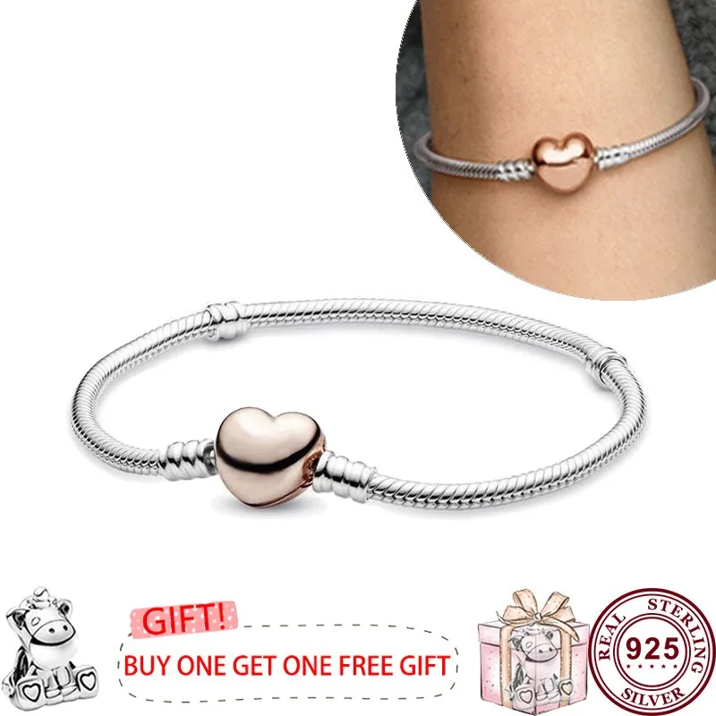 High Quality Original 925 Sterling Silver Brilliant Love Heart Snake Women's Classic Sign Bracelet Wedding DIY Charm Jewelry