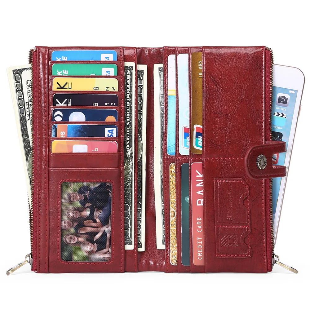 

Genuine Leather Women's Long Wallet RFID Blocking Oil Wax Cowhide Women Coin Purses Vintage ID Credit Card Holder for Ladies