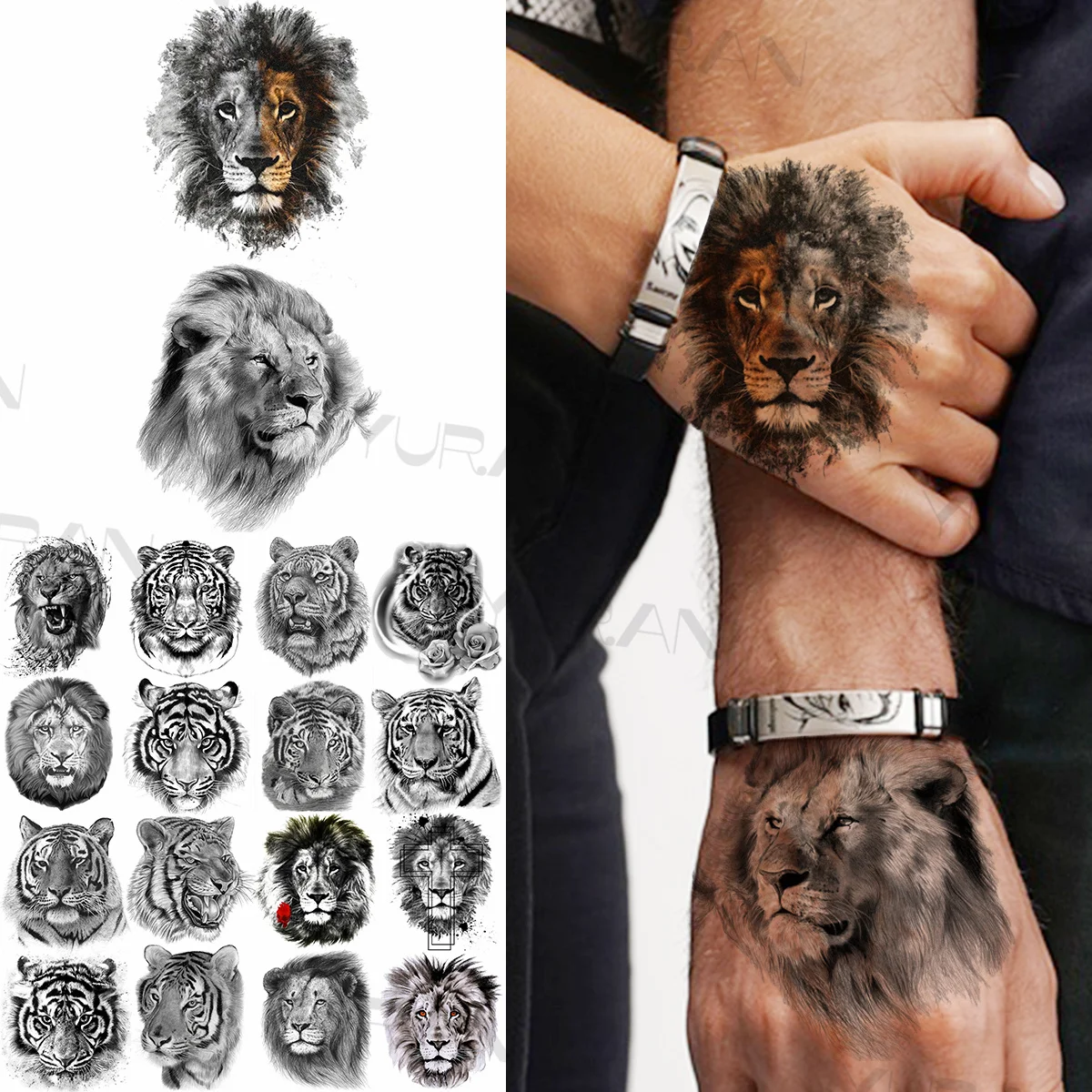 

Black Lion Temporary Tattoos For Women Men Realistic Tiger Geometric Rose Flower Fake Tattoo Sticker Arm Body Tatoos Armband