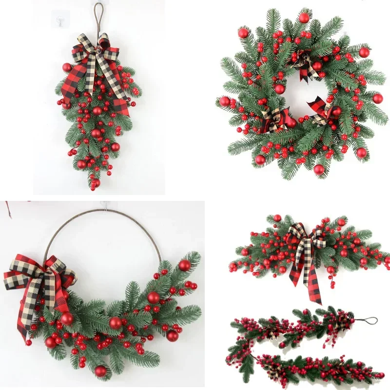 2025 New Christmas Red Berries Pine Branch Wreath Artificial Berries Snowy Pine Front Door Wreaths Wall Garland For Christmas Or - Image 2
