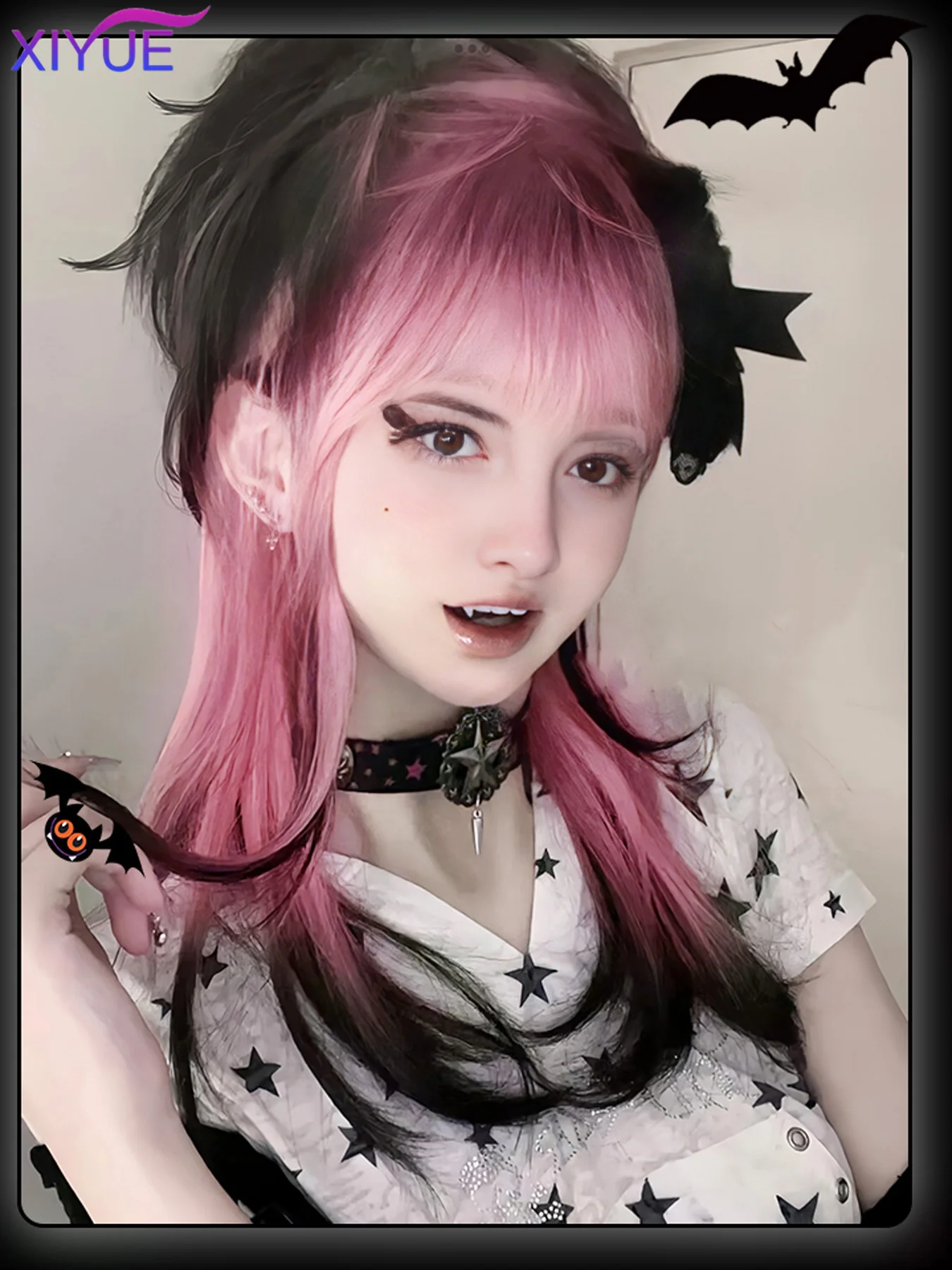 Black Pink Ombre Synthetic Wigs For Cosplay Long Wavy Layered Wigs With Bangs For Women Heat Resistant Fake Hair