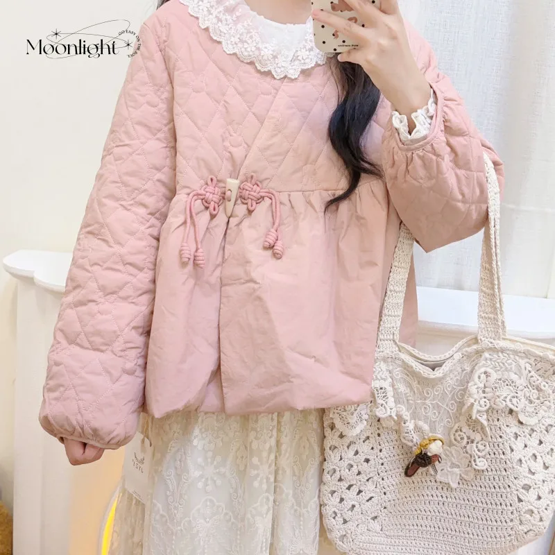 

Vintage Mori Girl Sweet Cotton-padded Coats Women Japan Lace-Up Doll V Neck Oversize Jacket Winter Puffer Plaid Coat Retro Parka
