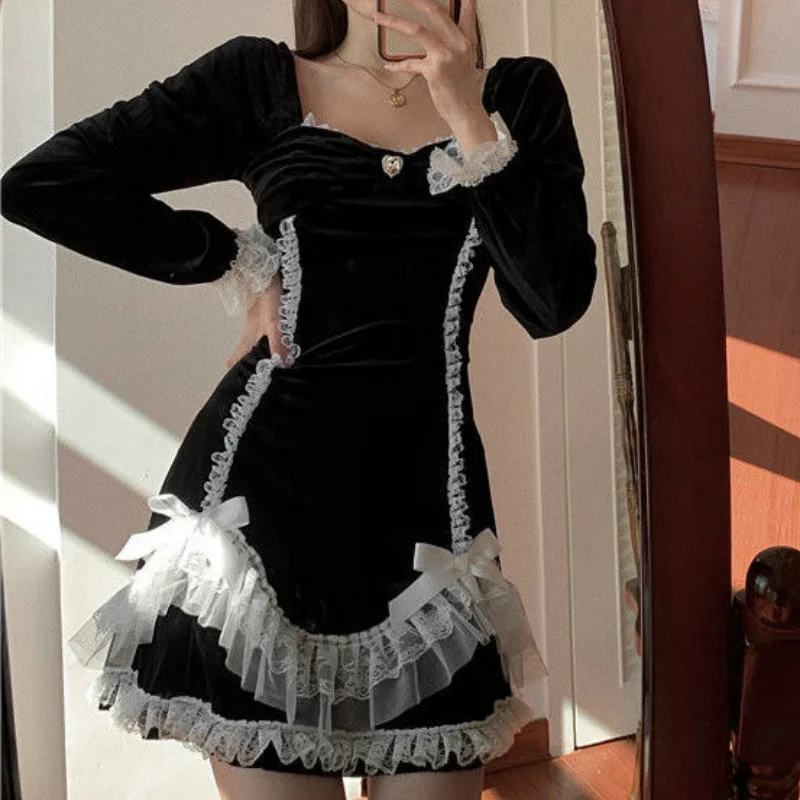 

Vintage Retro Fairy Dresses Velvet Gothic Dark Academia Kawaii Lolita Sweet E Girl Black Bow Lace Chic Dress Lace Elegant Party