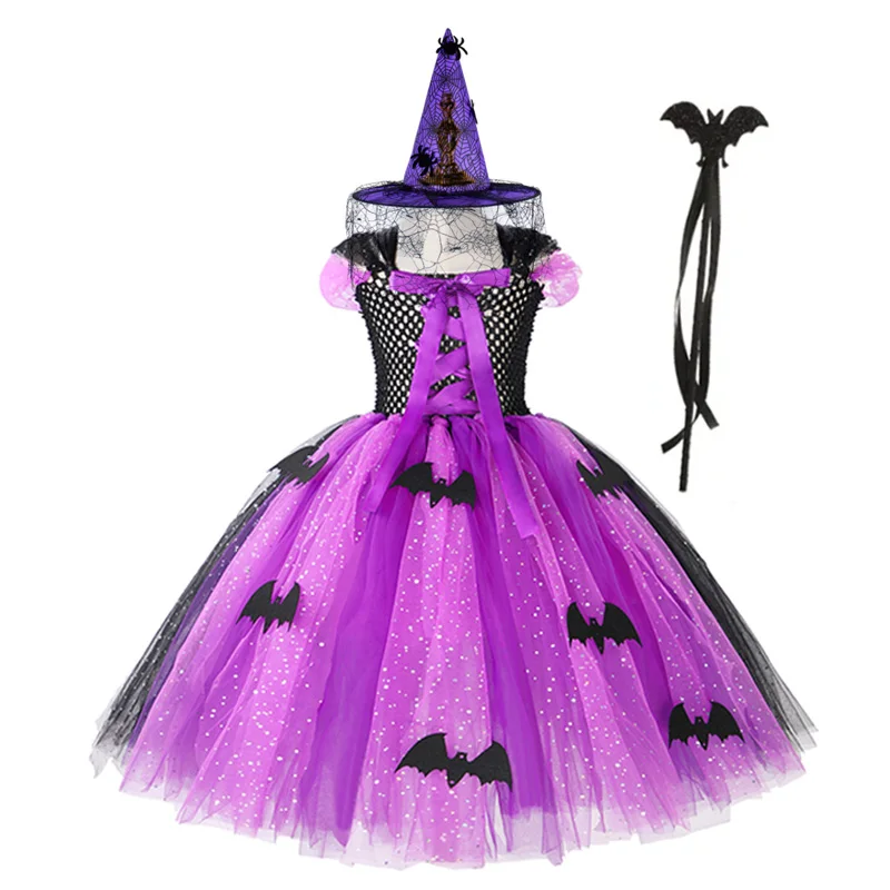 thumbnail image 1 of Vestido de malla de murciélago de bruja para niñas, disfraz de Cosplay para Halloween, fiesta de carnaval, sombrero de bruja tejido de cola para niños pequeños, vestido de Graduación, 1 of 5