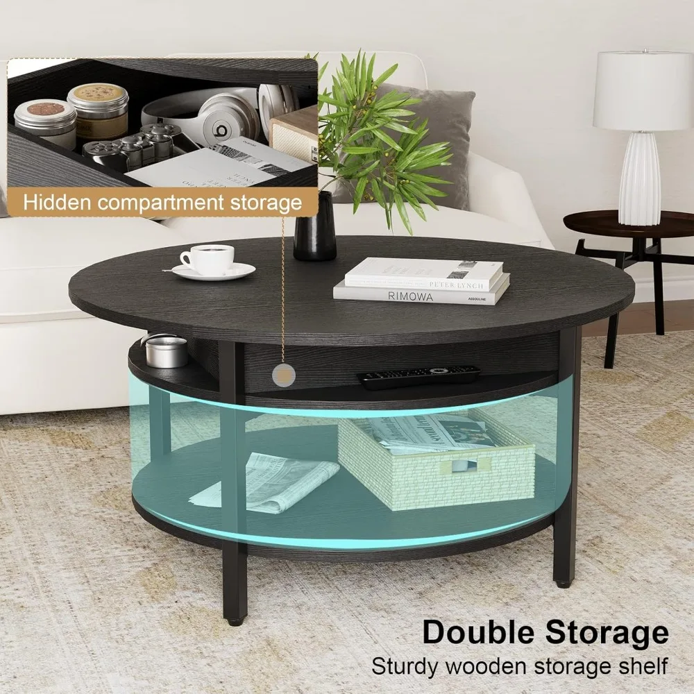 Round Lift Top Coffee Table for Living Room, 35.43'' Round Coffee Table with Storage and Hidden Compartment, 2 Tier Large 6