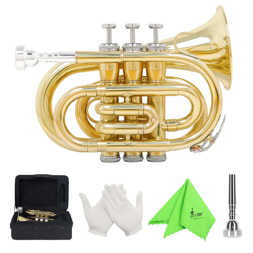 SLADE LDP650 Mini Pocket Trumpet Bb Tune Brass Body Cornet Brass Instruments with Case Glove Mouthpiece Parts & Accessories trumpet instrument