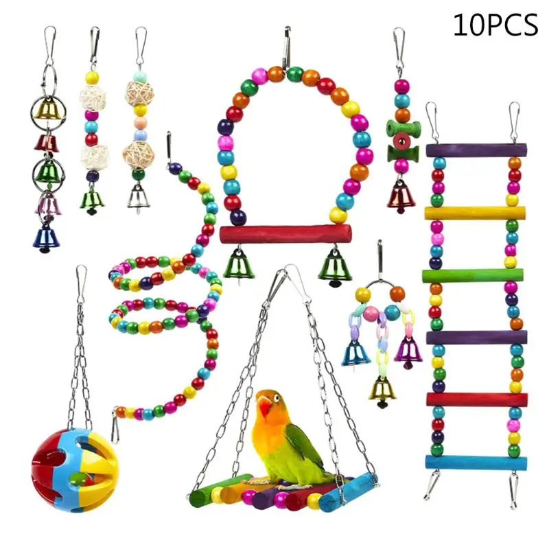 A9LB 10 Pieces Parrot Nest Snuggle Bird Ladder Swing Hammock Small Pet Bells Stand Small Pet Ladder Blocks
