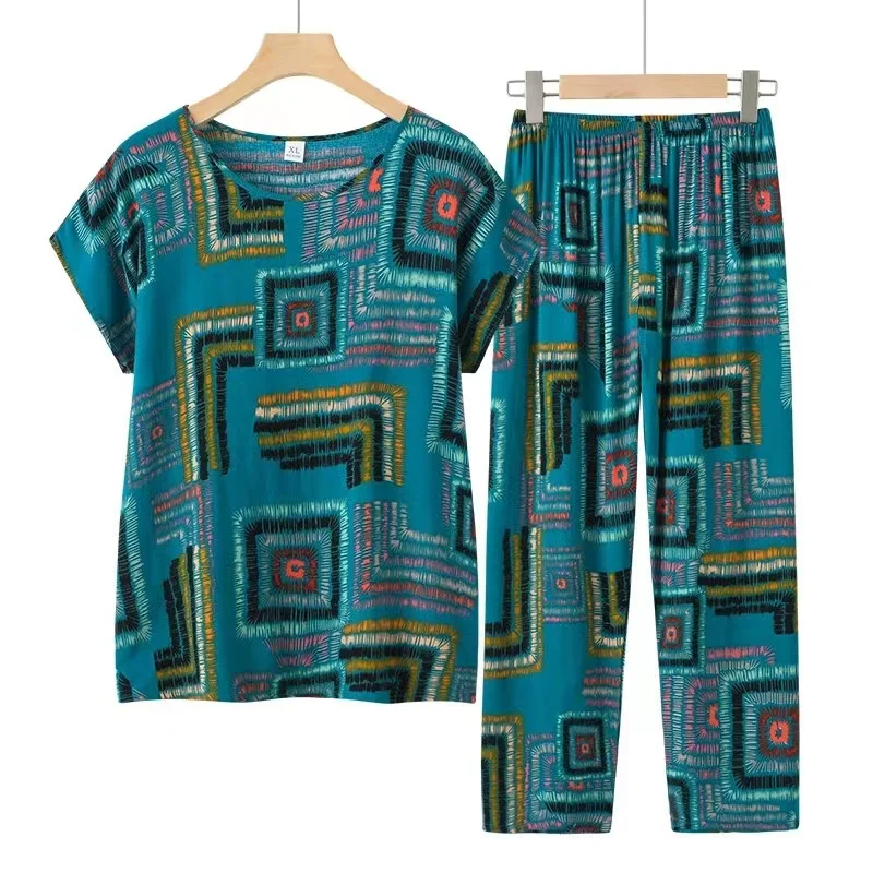 Grandma Two-Piece Set Sleepwear Pijama Feminino Short Sleeve Cotton Summer Women Pajama Set Big Size Multicolor Home Clothes 4XL
