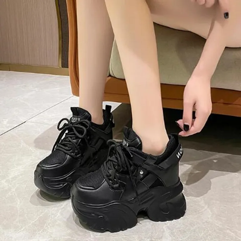 여성 플랫폼 스니커즈 레이스 업 가을 10.5CM 스포츠 아빠 신발 하이 탑 Chunky 캐주얼 신발 여성 두꺼운 바닥 메쉬 화이트 신발