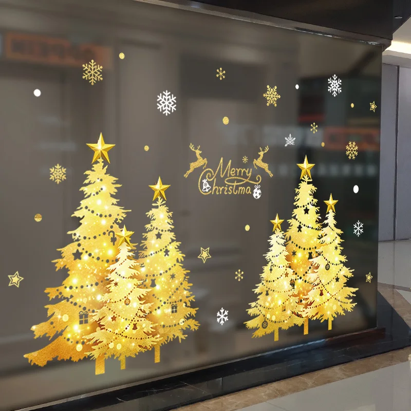 Christmas Window Stickers DIY Gold Trees Wall Decals for Living Room Restaurant Glass Home New Year Festival Decoration