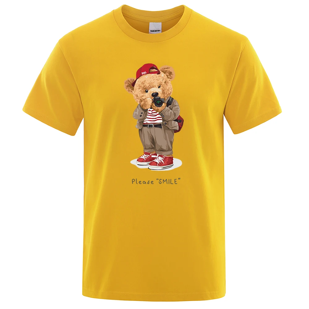 Modisches T-Shirt mit Teddybär-Motiv, das Ihr Foto aufnimmt, für Herren, lockere Übergröße, Rundhalsausschnitt, atmungsaktive Baumwolle, kurz_voghion.com